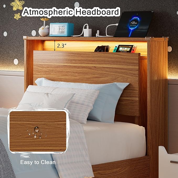 Twin Bed Frame with Storage Headboard & LED Lights – Wood Floating Bed Frame with Charging Station, Non-Slip Slat, Kick-Free & Noise-Free Design, Easy Assembly, Walnut
