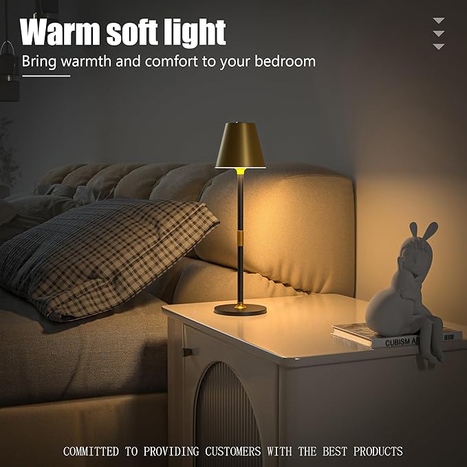 Modern LED CordlessTable Lamp,4000mAh Rechargeable Battery Desk lamp,3 Level Brightness Night Light,Minimalist Design, for Couple Dinner/Coffee Table/Restaurant/Bedroom(Gold&Black)