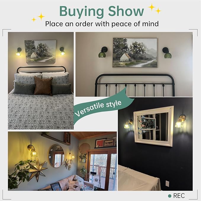 Vintage Wall Sconce with Cute Green Tulip Glass Lampshade 180 Degree Adjustable Black Sconce Hradwired Modern Wall Lighting Fixture with Switch for Bedside Bedroom Doorway