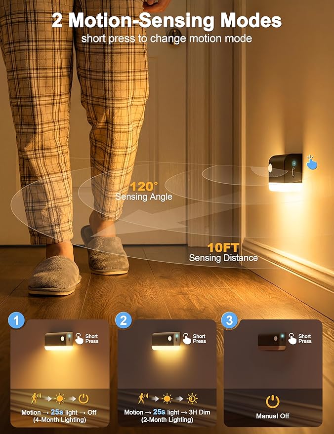NIORSUN Motion Sensor Night Lights, 8 Pack Black Rechargeable 2-Mode Stair Lights Indoor with 3 CCT, 1200mAh Battery for 4-Month Runtime, Magnetic Wireless Nightlight for Hallway, Stairs, Bathroom