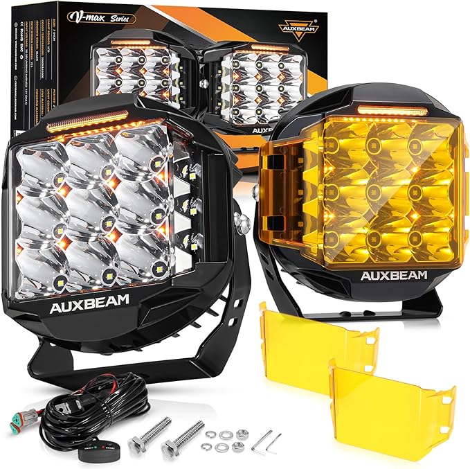 Auxbeam 7inch 228W Round LED Offroad Light Pod, V-MAX Series 26100LM Side Shooter LED Offroad Driving Lights with Amber DRL, 270° Beam Auxiliary Ditch Light for Truck ATV Jeep Ford
