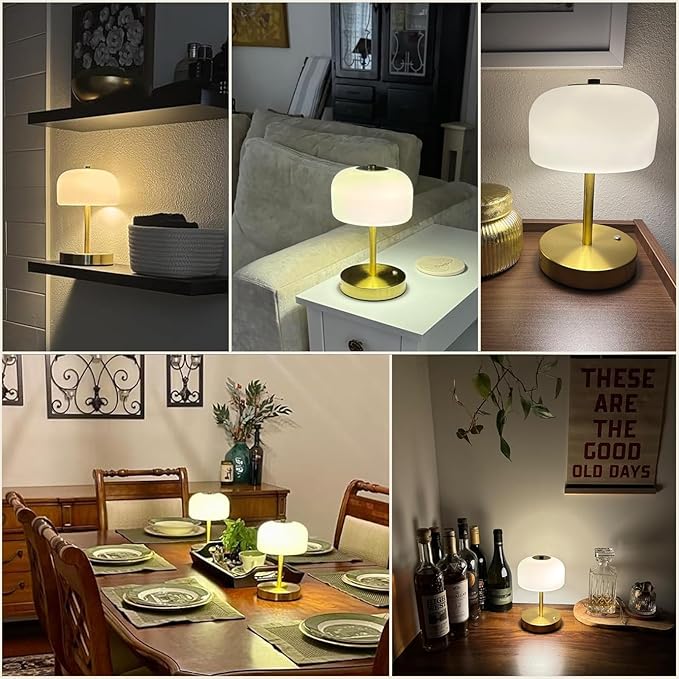 Oneach 9" Cordless Table Lamp, Gold Rechargeable Battery Operated Lamp, 3-Way Stepless Dimming Touch Lamps, Small Glass Bedside Nightstand Light for Bedroom Dining Table Living Room Shelf Decor