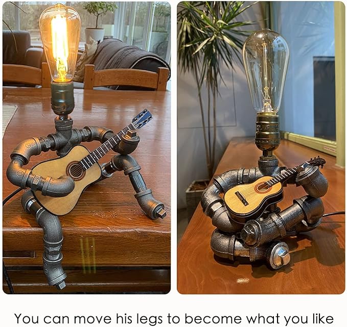 Steampunk Industrial Guitar Lamp - Unique Table Lamp/Desk Lamp with Edison Bulb, Vintage Decorative Lamp for Men, Guitar Lovers & Musicians, Creative Unusual Music-Themed Gift