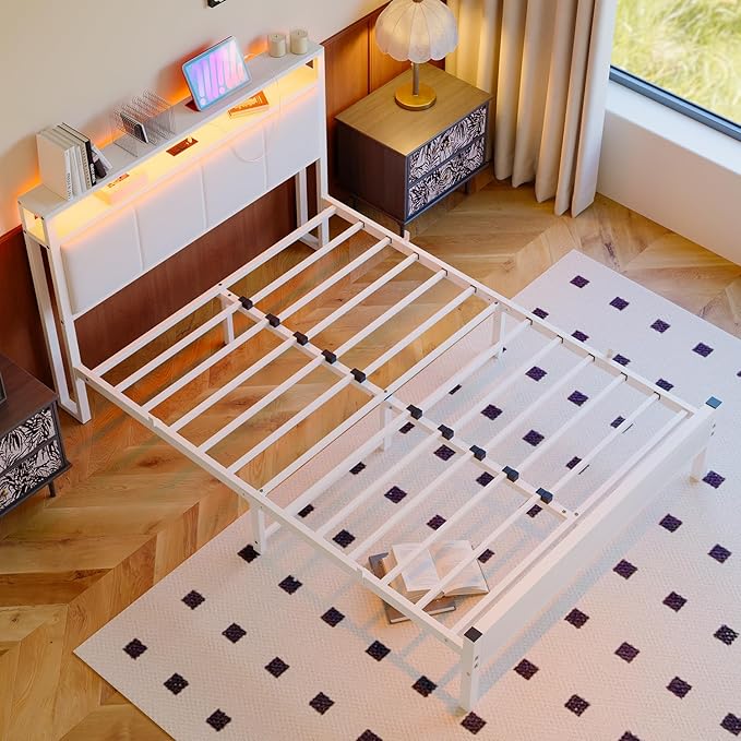 Full Size Bed Frame with LED Lights,Upholstered Headboard with Storage Shelves&Charging Station, Heavy Duty LED Bed Frame Full Mattress Foundation No Box Spring Needed, Noise Free,White