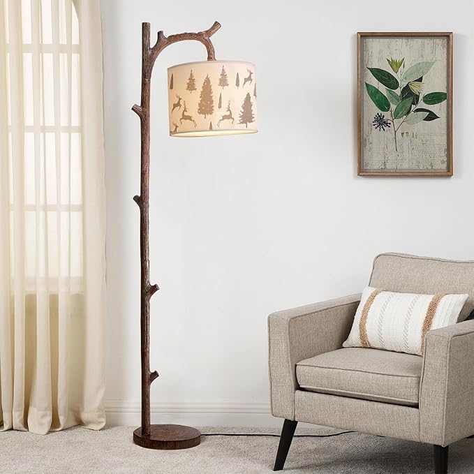 Rustic Farmhouse Floor Lamp for Living Room, Retro Arc Tree Trunk Wood Standing Tall Lamps Country Vintage Brown Finish Wood Floor Reading Light with Drum lampshade for Office Bedroom