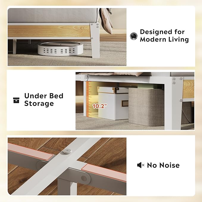 WLIVE King Size Bed Frame with Headboard, Upholstered Bed Frame with 2 Storage Shelves, Platform Bed with LED Lights and Charging Station, 1500LBS Mattress Foundation, No Box Spring Needed, Beige