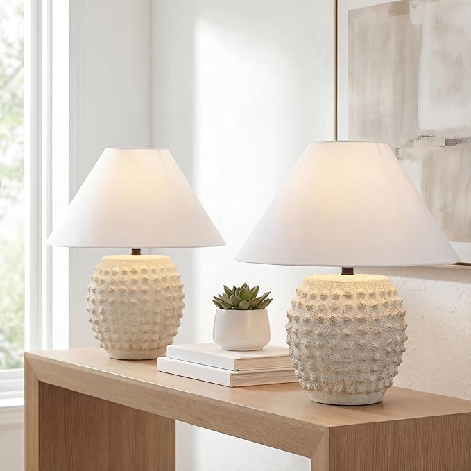 JONATHAN Y JYL5601B-SET2 Effie 18.25" Minimalist Scandinavian Ceramic/Iron Hobnail LED Table Lamp for Bedroom, Living Room, Office, College, Nightstands and Coffee Table, Matte Cream (Set of 2)