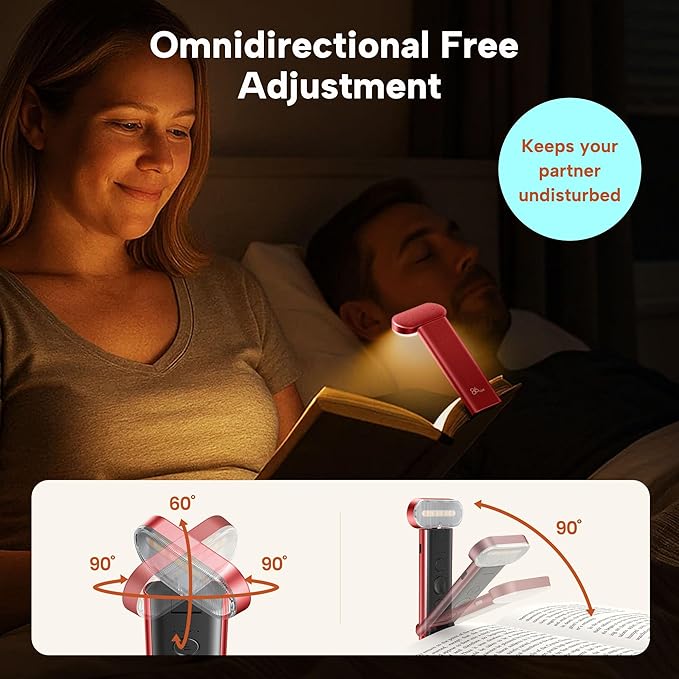 86lux Book Light, Reading Light for Book in Bed, USB Rechargeable LED Night Light with 3 Colors & Limitless Dimming,Bookmark Light for Book Lovers,Red