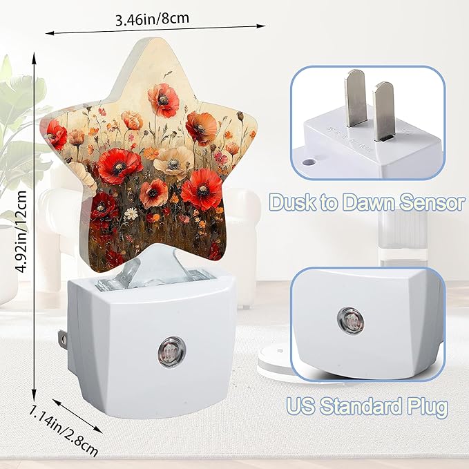 Night Light,Red Poppy Flower Plug into Wall with Dusk to Dawn Light Sensors,Vintage Floral Warm Star Nightlights for Bedroom,Bathroom,Hallway,Kitchen Home Decor Desk Lamp