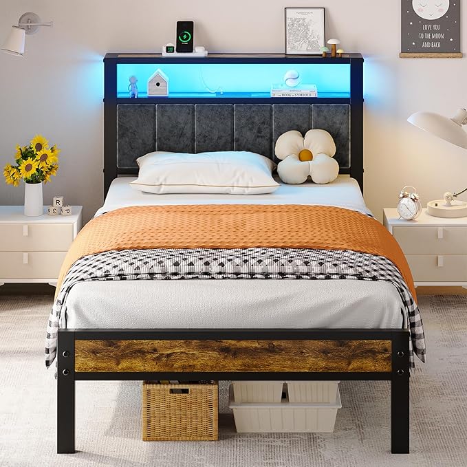 Twin Size Platform Bed Frame with LED Lights, Grey Upholstered Headboard with 2-Tier Storage Shelves, Charging Station, Noise Free, No Box Spring Needed, Easy Assemably
