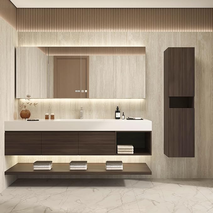 72" Modern Floating Bathroom Vanity Set with Sink, Side Cabinet, LED Smart Mirror Cabinet, 3 Soft-Close Drawers & Open Storage Shelves, Walnut