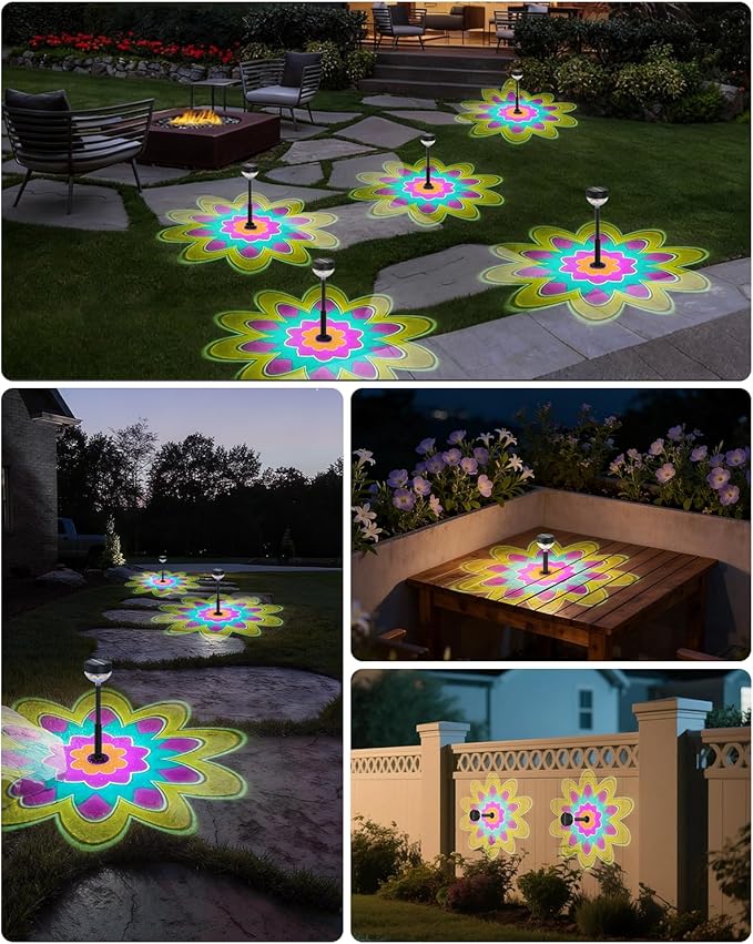 Solar Pathway Lights 8Pack, 1200mAh Solar Garden Lights 2 Themes (Christmas & Flower), Height-Adjustable, Waterproof LED Outdoor Projection Lights for Yard Lawn Backyard Walkway Landscape Decorative