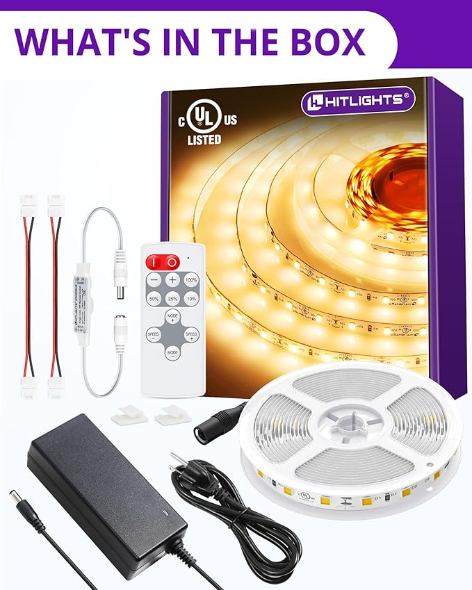 HitLights Warm White LED Strip Lights Kit 3000K, 16.4ft Dimmable Tape Light with Controller, 12V Power Supply, 600 LEDs/Reel, 300LM/Feet, Flexible Rope Lights for Bedroom, Under Cabinet, UL-Listed