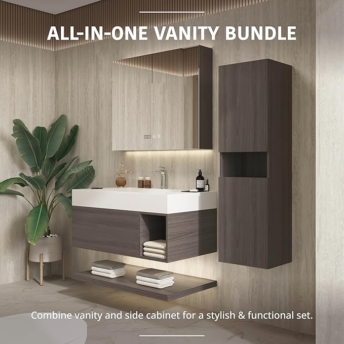 48" Modern Floating Bathroom Vanity Set with Sink, Side Cabinet, LED Smart Mirror Cabinet, Soft-Close Drawer & Open Storage Shelves, Grey Oak