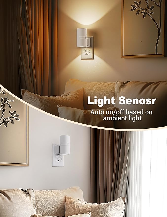JandCase Night Lights Plug into Wall, Dimmable Night Light Plug in, Modern Night Light Dusk to Dawn Light Sensor, Warm White 3000K, 0-100LM Adjustable Brightness Nightlight for Hallway Bedroom, 2 Pack