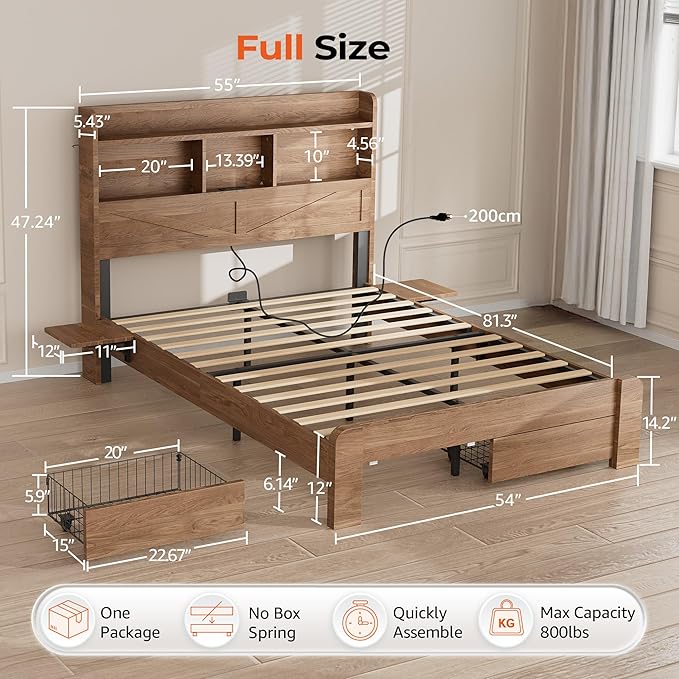 Full Size Bed Frame with 2-Tier Storage Headboard, LED Lights, Charging Station, 2 Drawers, 800lbs Capacity, Wood & Metal Platform, Noise-Free, No Box Spring Needed, Barn Door Design