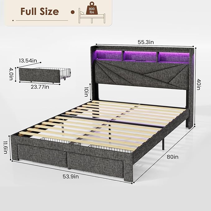 Full Size Bed Frame with 2-Tier Storage Headboard, Upholstered Full Bed Frame with 2 Drawers, Charging Station and LED Lights, No Box Spring Needed, Easy Assembly - Dark Grey