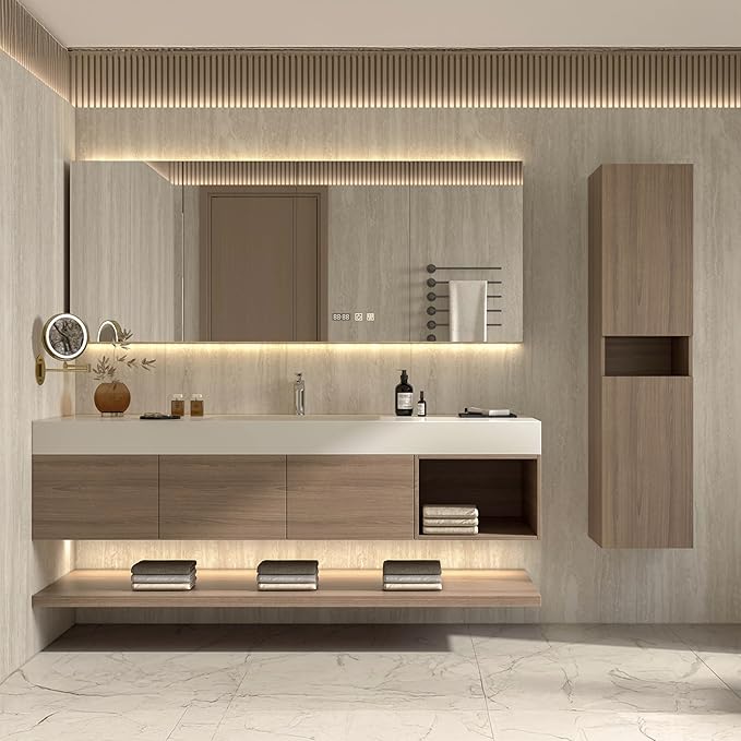 72" Modern Floating Bathroom Vanity Set with Sink, Side Cabinet, LED Smart Mirror Cabinet, 3 Soft-Close Drawers & Open Storage Shelves, Light Walnut