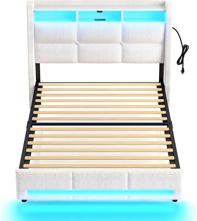 Rolanstar Twin Size Bed Frame with LED Lights and Charging Station, Upholstered Headboard with 2-Tier Storage Shelves, Heavy Duty Metal Frame, Noise-Free Support, Easy Assembly, No Box Spring Needed