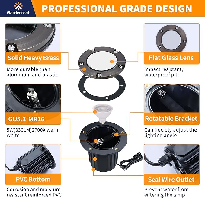 Gardenreet Brass Low Voltage Well Lights Kit(4 Pack) with 75W Transformer & MR16 Bulb & 100FT Wire & Connectors, 12V LED In Ground Landscape Lights for Outdoor Yard Garden Paver Tree Path(Open Top)