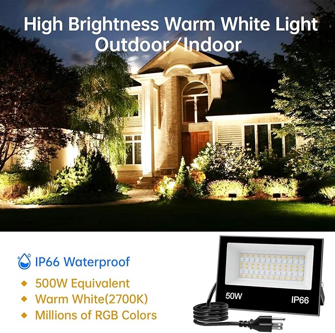 LED Flood Light Outdoor, 50W RGB Color Changing Smart Floodlights 2700K 5000LM Warm White & 16 Million Colors, RGBW Stage Lights with APP Control, 43 Modes, Grouping, Timing, IP66 Waterproof (2 Pack)