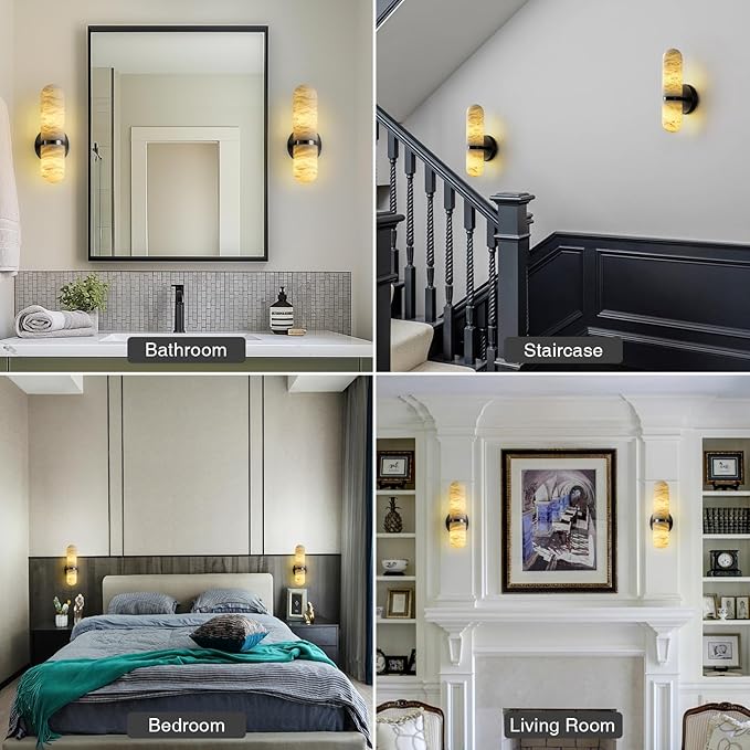 Alabaster Wall Sconces, 13" Black Wall Sconce, Modern Bathroom Sconces Lighting, Black Spanish Natural Marble Sconce for Living Room, Bedroom, Stairs, Hallway 2PC