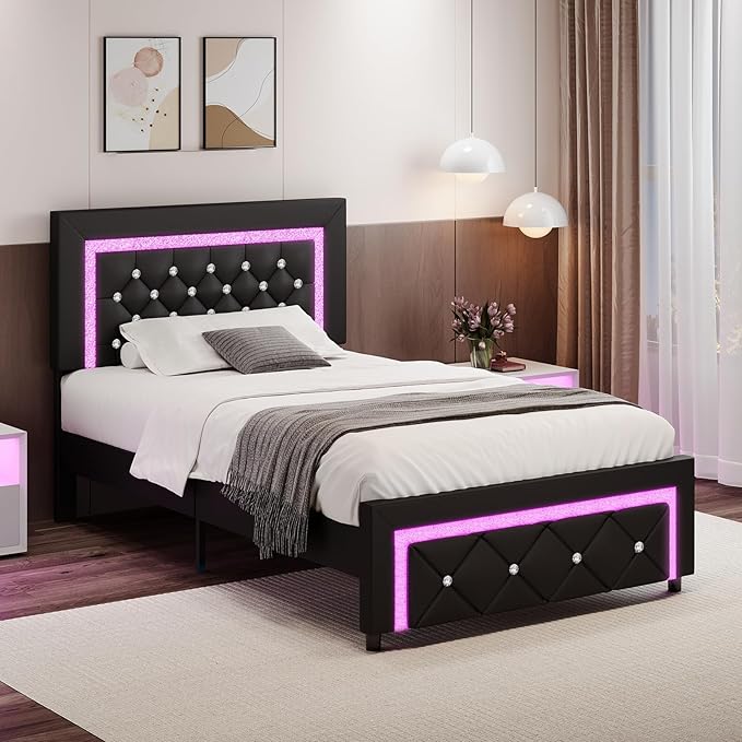 BarnFurin Twin Bed Frame with LED Lights, Upholstered Platform Bed with Diamond Tufted Headboard, No Box Spring Needed, Noise Free, Easy Assembly, Black