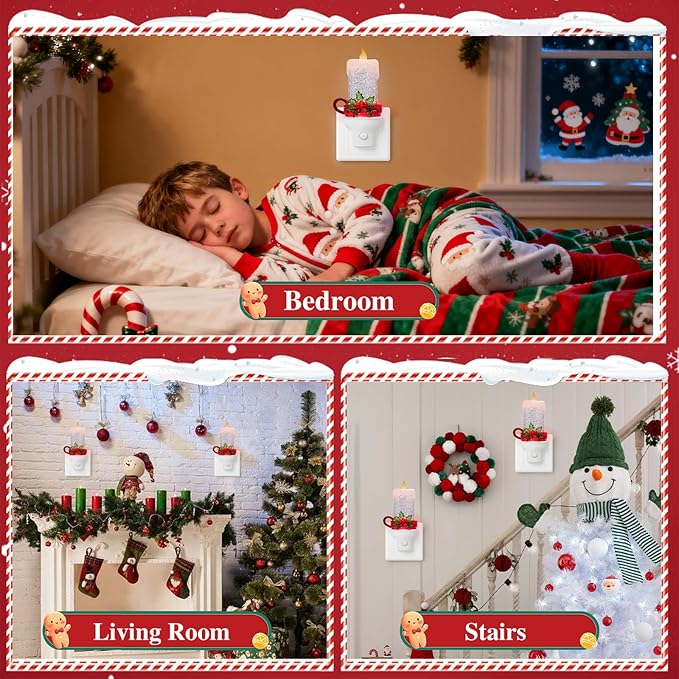 2 Pack Christmas Candle Night Light Plug into Wall Glitter Water Nightlight with USB/Outlet Options, Christmas Decorative Nightlight for Bedroom Kitchen Nursery Holiday Decorations Gifts (Candle)