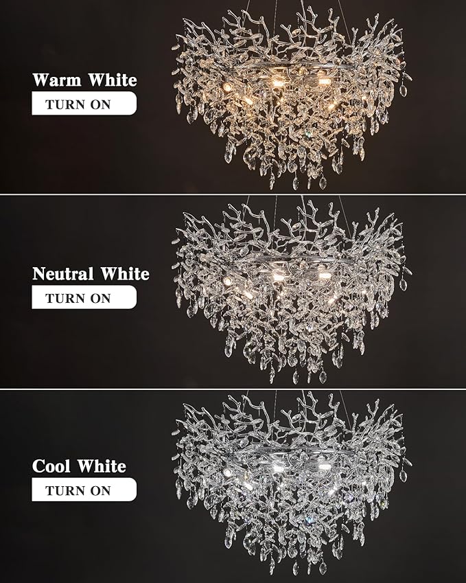 Modern Crystal Chandelier for Dining Room, 31.5" Chrome Tree Branch Chandeliers, 10-Light Luxury K9 Crystal Round Chandeliers for Kitchen Island Living Room