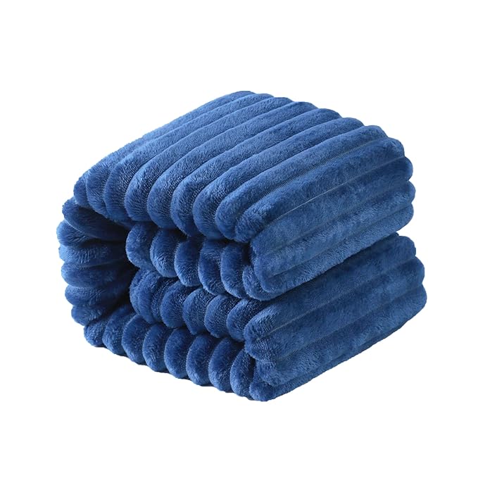 NTBAY Plush Flannel Oversized Baby Blanket, 50X60 Inches Soft and Warm Toddler Blanket with Striped Texture Nursery Bed Blanket for Stroller, Crib, Travel, Baby Gift, 50"x60", Navy Blue