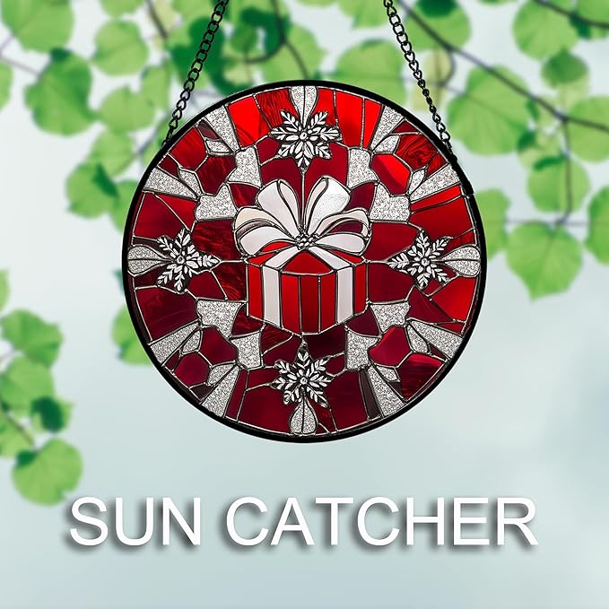 Stained Glass Window Hanging 4 Pcs Set Red Christmas Decorations Theme 9.8" - Suncatcher Door Garden Sun Catcher Decor Birthday for Mom Woman Nana Men Friend Wife