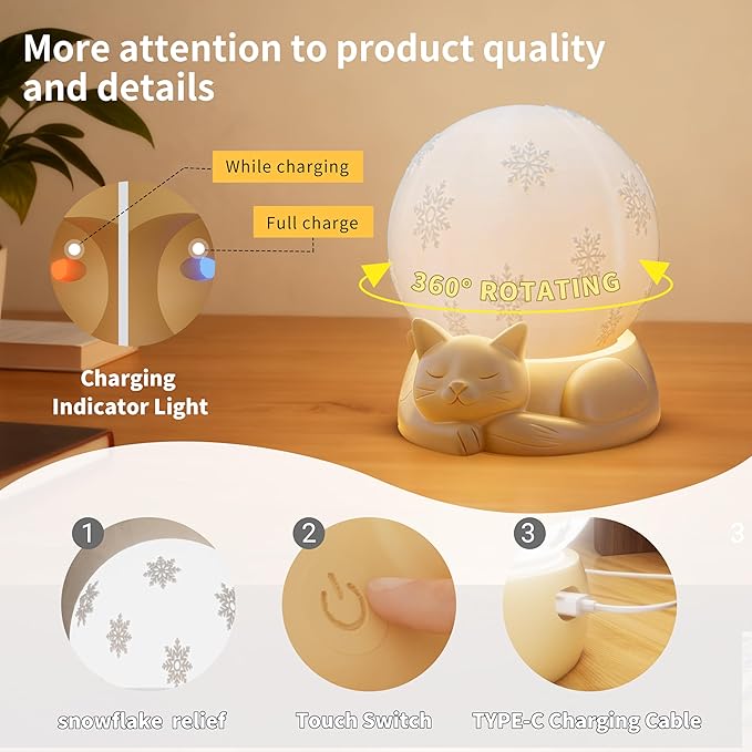 Rotatable Bedside Table Lamp for Bedroom, 3 Color Temperatures Cat Lamp, Touch Control Rechargeable Nightstand Lamp with USB C Charging for Christmas