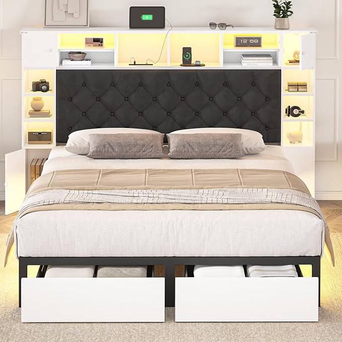 Full Size Bed Frame with Bookcase Headboard and Storage Drawers, 51.2" Metal Platform Full Bed Frame with Charging Station and LED Lights, Velvet Upholstered Tufted Bed Frames, White
