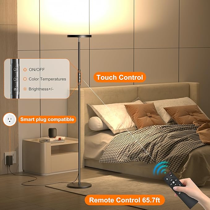 Super Bright Floor Lamp for Living Room, Stepless Dimmable LED Standing Lamp with Remote and Touch Control, 69” Tall Torchiere Corner Lamp for Bedroom Office Hotel, Black