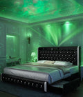 Full Led Bed Frame with Galaxy Projector, Wingback Modern Platform, 4 Storage Drawers, USB Ports, No Box Spring Needed & Noise-Reduction Sturdy Wood Slats, PU Black