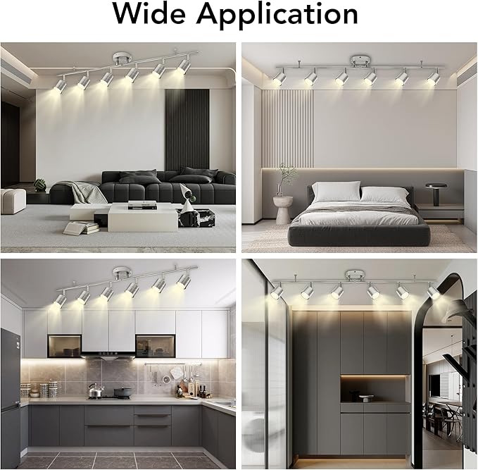6-Light Brushed Nickel Track Lighting Kit with GU10 LED Bulbs - 44.5” Adjustable Ceiling Spotlight Fixture, 270° Swivel & 90° Tilt for Kitchen, Living Room, Dining Room, Gallery Display