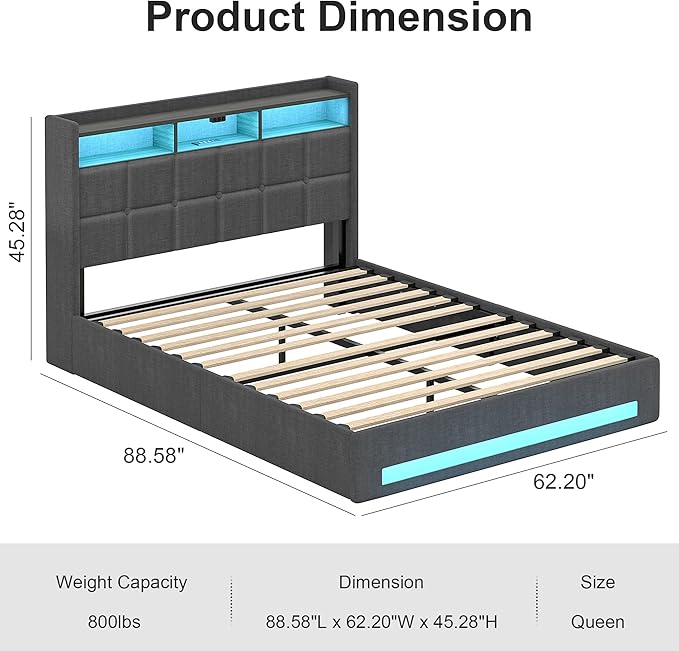 VECELO Queen Size Lift Up Storage Bed, Upholstered Platform Bed Frame with Smart LED Lights and USB Charging Station, No Box Spring Needed, Grey
