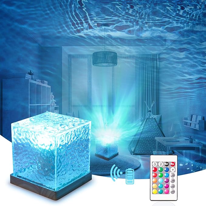 RICHMYC Ocean Wave Projector Light, 16 Colors Gradual Rotating Water Lamp with Remote Control, Beach Decor Sea Themed Northern Lights Projector for Office Bedroom Bar Restaurant(Wood)
