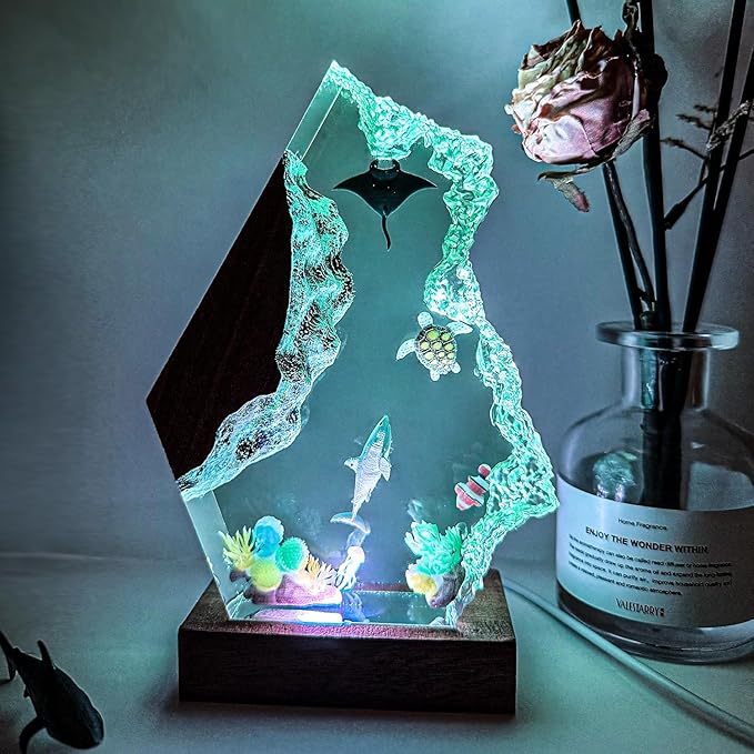 Great White Shark Ocean Resin Lamp, Handmade Resin Night Light for Home Office Decor, Multi-Color LED Light with USB Port, Shark Gifts for Birthday Holiday, Valentine's Day Gifts for Him Kids (9"x6")