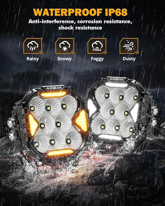 Auxbeam Cube-Z Series LED Cube Pod Lights, 4 Inch 112W Flood Driving Light with White DRL&Amber Turn Signal Light, 12800LM Hyper Bright Offroad Ditch Pods with Amber Cover for Truck SUV ATV UTV, Pair