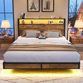 BedsPick Queen Size Bed Frame with 2-Tier Storage Headboard, Sturdy Metal Platform Bed Frame with Charging Station & LED Lights, Noise-Free/Metal Support/No Box Spring Needed, Rustic Brown