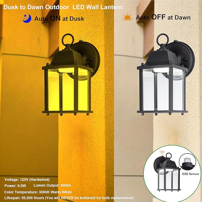 LIT-PaTH Small Outdoor LED Wall Lantern with Dusk to Dawn Photocell, 3000K Warm White, 9.5W, 800 Lumen, Aluminum Housing Plus Glass, Outdoor Rated, 1-Pack, Black