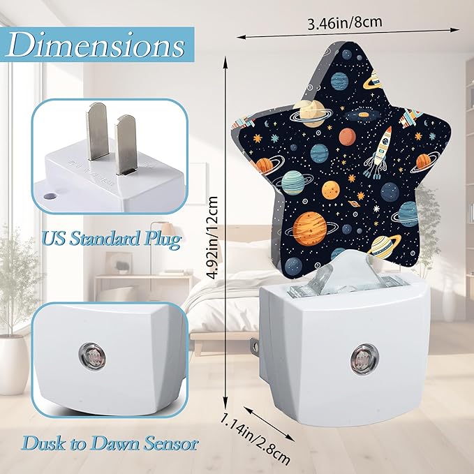 Space Planet Rocket Plug-in Night Light with Dusk-to-Dawn Sensor for Bathroom,Bedroom and Hallway Sleep Friendly Lamp for Women/Girls/Boys Gift,0.5w