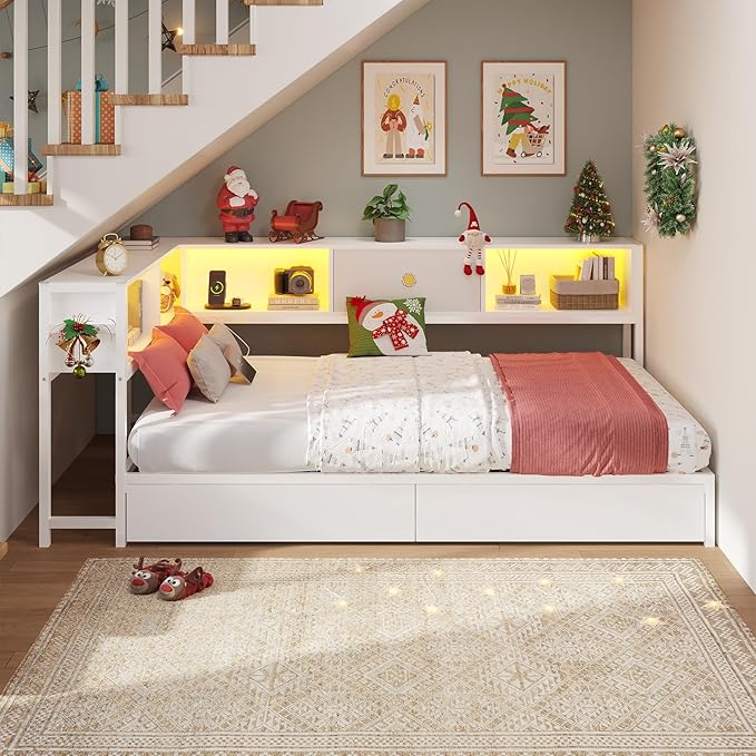 DICTAC Twin Corner Bed Frame with Bookcase Storage and Led Lights Twin Size Metal Platform Bed Frames with Storage Drawers and Charging Station Twin Size Daybed for Kids and Teen,Kids Bed Frame,White