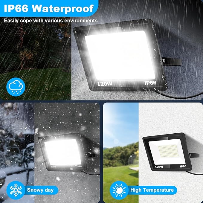120W LED Flood Light with Plug, 14400Lm Super Brighter Security Lights with 6.6ft Wire, 5000K Daylight White IP66 Waterproof Outdoor Work Light Floodlight for Yard Stadium Garden, 2 Pack