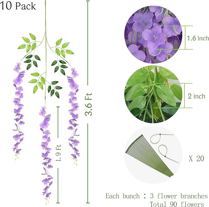 BLEUM CADE 10Pcs Purple Fake Wisteria Hanging Flowers, 3.6Ft/Pcs Artificial Wisteria Garland, Hanging Flowers for Wedding Party Home Backdrop Wall Decoration