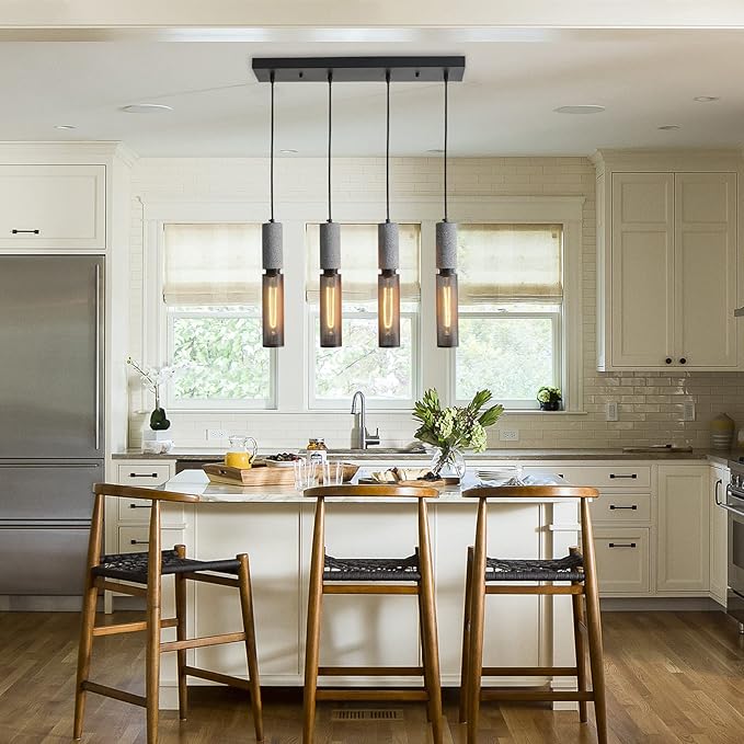 4-Light Concrete Linear Pendant Light with a Metal Mesh Shade,Modern Industrial Hanging Cement Pendant Lighting for Kitchen Island Bedroom Living Room Dining Room Light Fixture