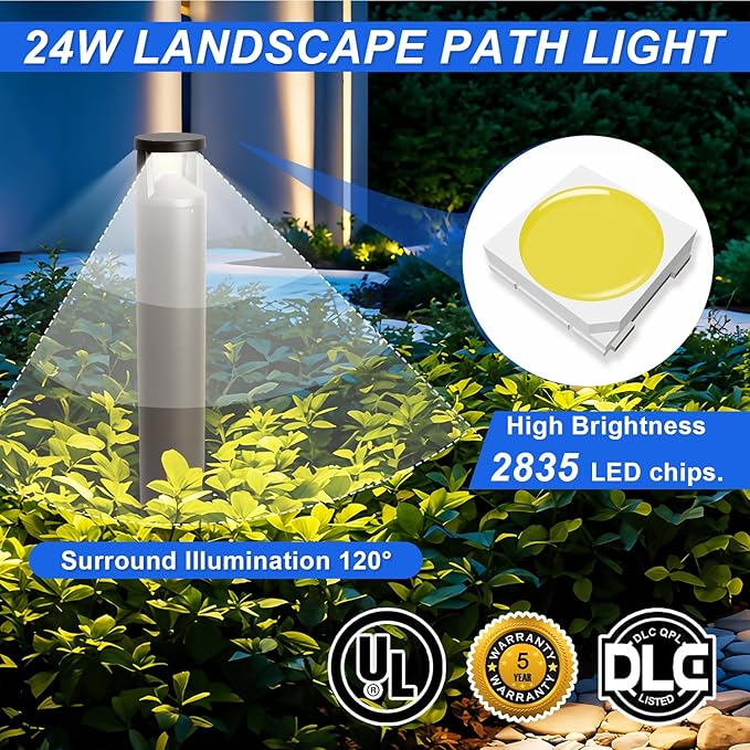 42" LED Bollard Landscape Light, 24W Outdoor Pathway Light, 3CCT Selectable (3000K/4000K/5000K), IP65 Waterproof, 0-10V Dimmable Commercial Landscape Lighting for Garden, Walkway, UL Listed