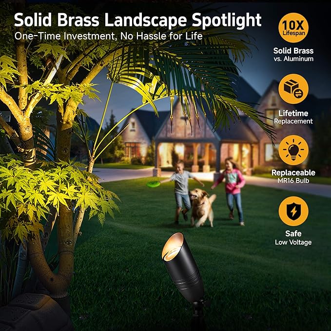 Gardenreet Low Voltage Spotlight LED - 12V Black Outdoor Light Fixture Weather Proof, Brass Landscape Lights Hardwired, Coastal for Flag Sign with Neutral White MR16 Removable Bulbs (10 Pack)