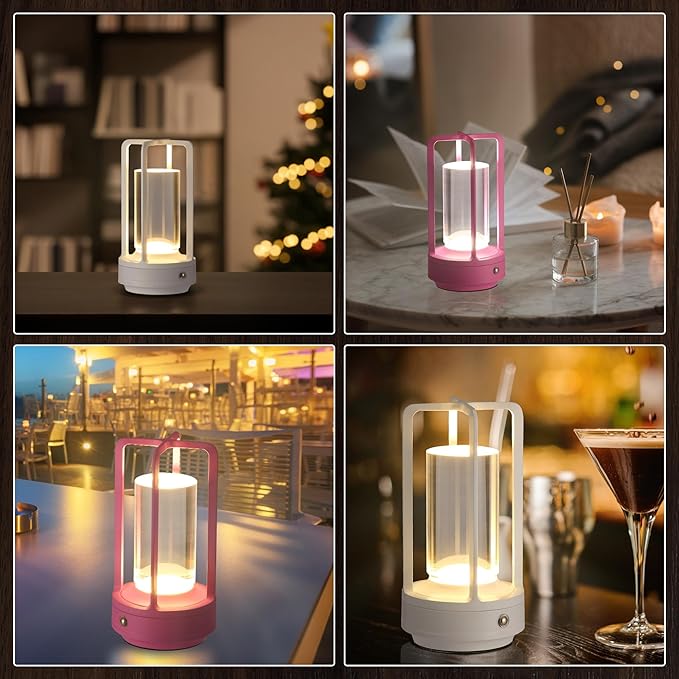 Portable Metal Table Lamp, Cordless Table Lamp, Rechargeable Battery Powered Portable LED Desk Lamp, 3 Color Stepless Dimming Touch, for Bedroom Restaurant Home Outdoor (White)